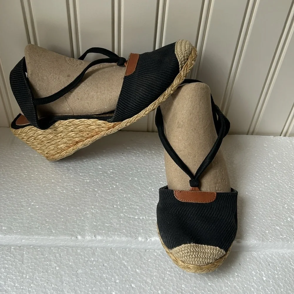 Lauren Ralph Lauren womens wedge 2.5” woven straw heel espadrilles size 8 black